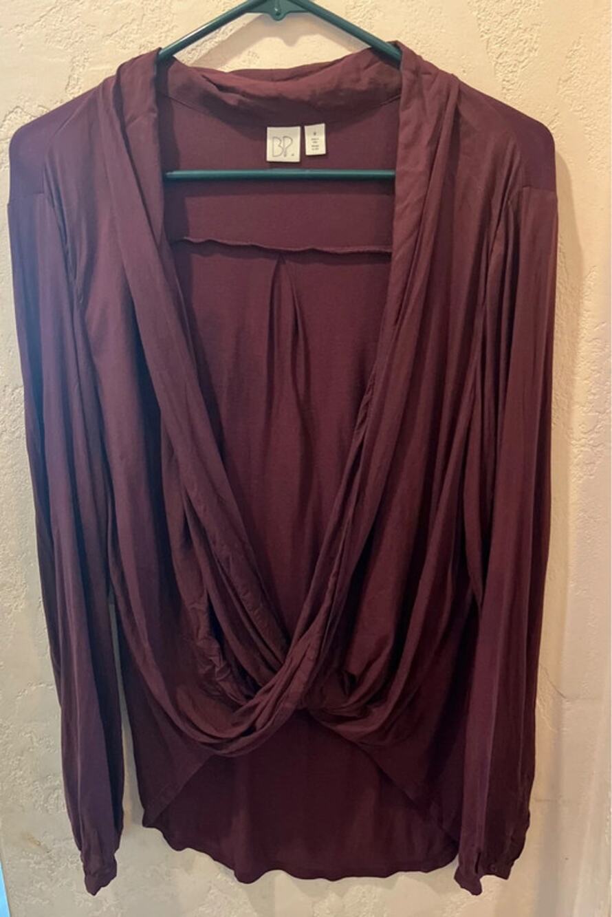 BP faux Wrap Front Shirt M Burgundy hi low